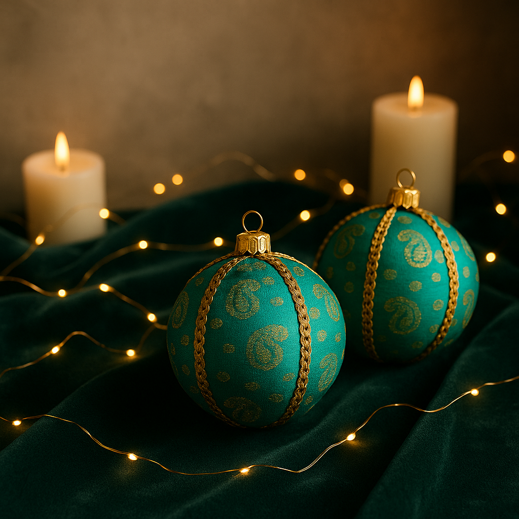 Two teal Christmas ornaments with gold patterns on a dark green fabric background with candles and string lights.