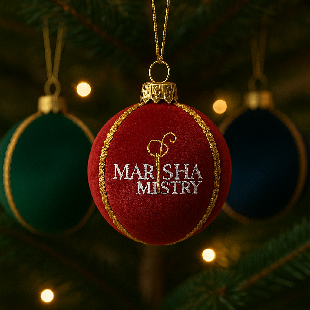 Red Christmas ornament with 'Marisha Mistry' logo on a tree with blurred lights in the background