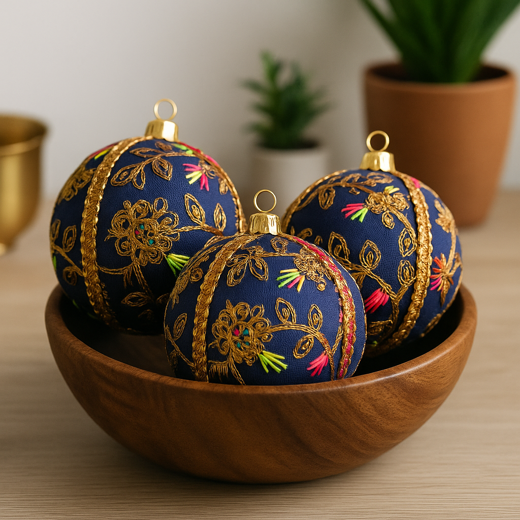 Decorative blue ornaments with gold patterns in a wooden bowl on a table.