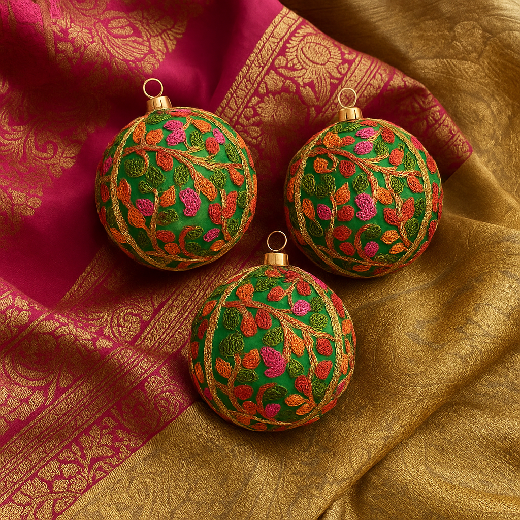Three green Devaki embroidered ornaments on a patterned fabric background