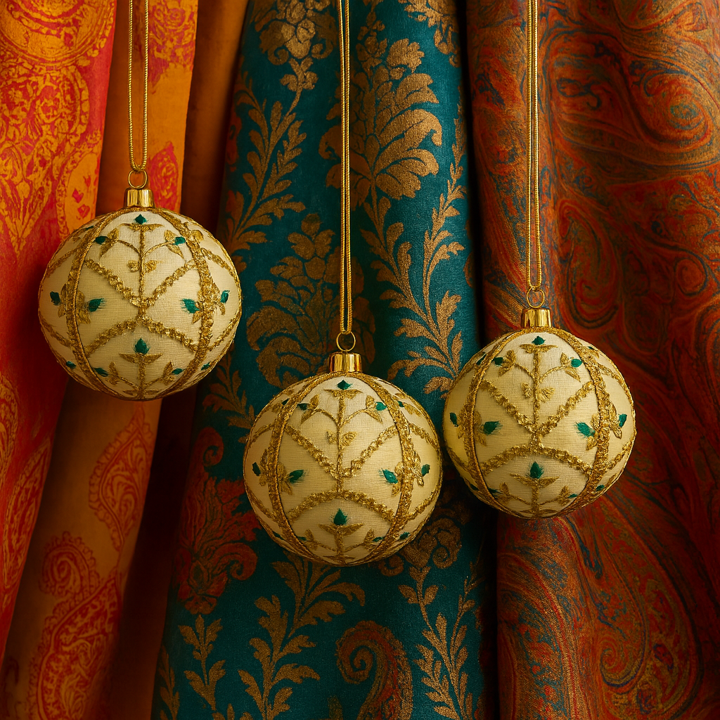 Decorative Lalit spherical ornaments with gold patterns against a patterned fabric background