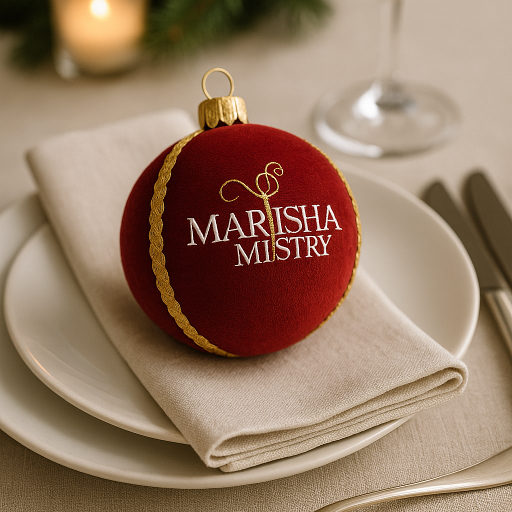 Red ornament with 'Marisha Mistry' branding on a table setting with plates, napkin, and cutlery.