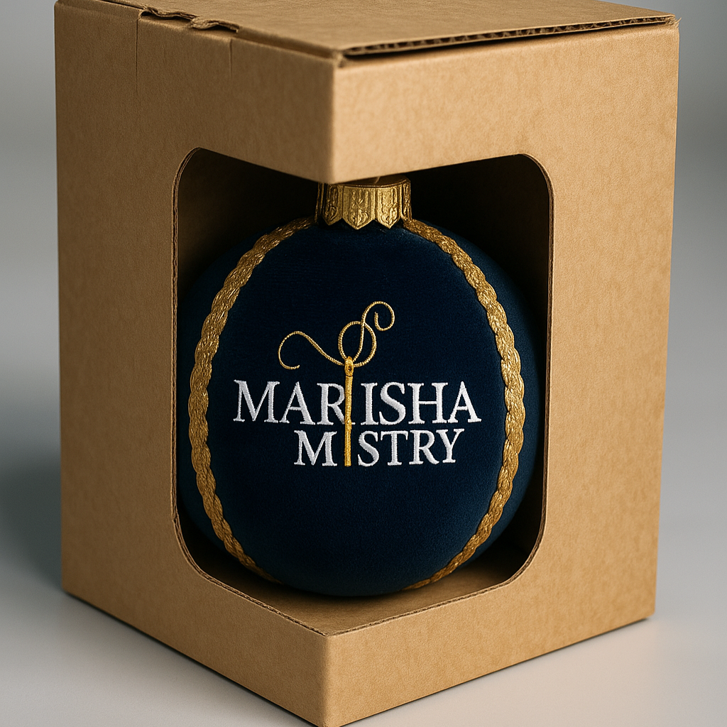 Blue ornament with 'Marisha Ministry' text in a cardboard box on a gray background