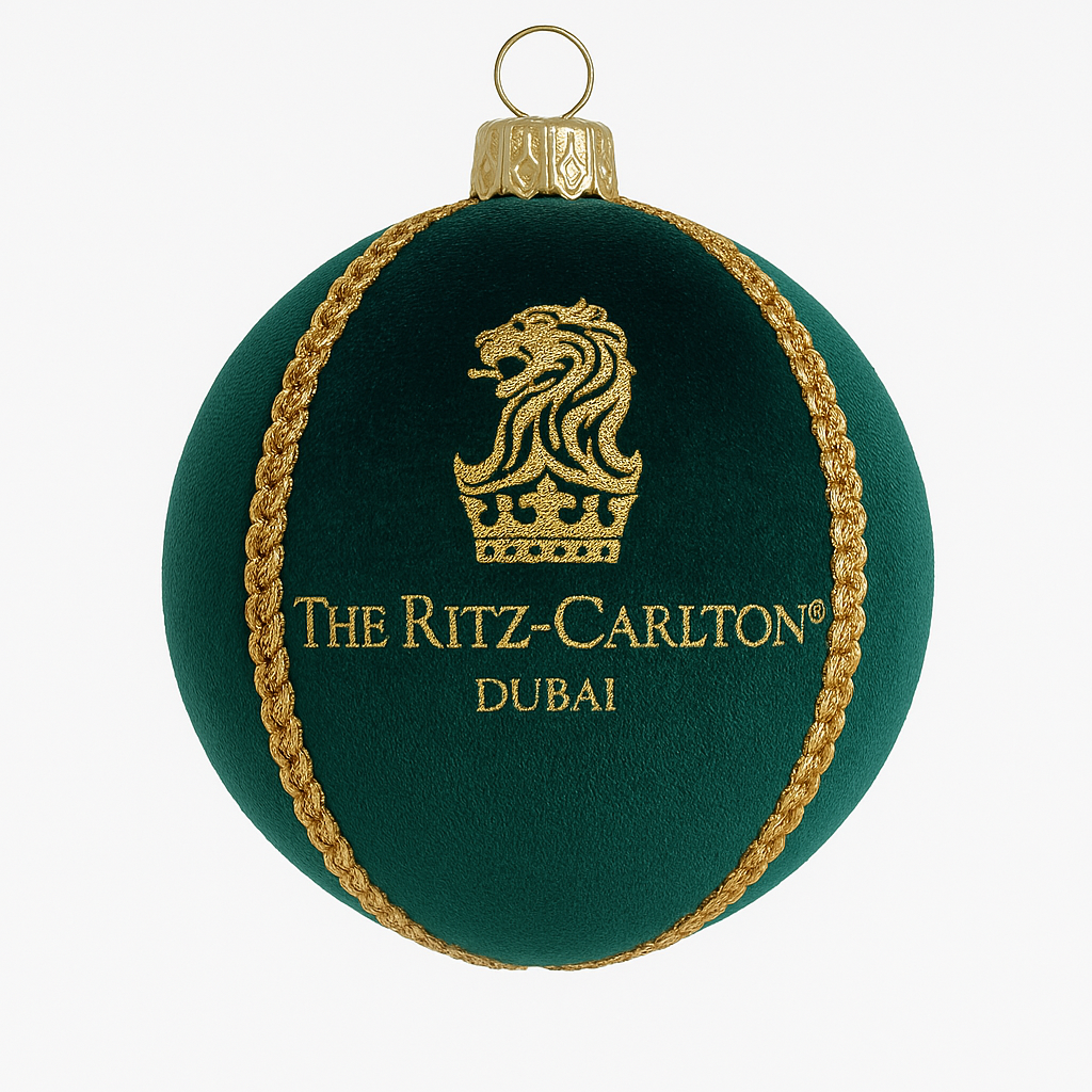 Green ornament with gold detailing and 'The Ritz-Carlton Dubai' logo on a white background