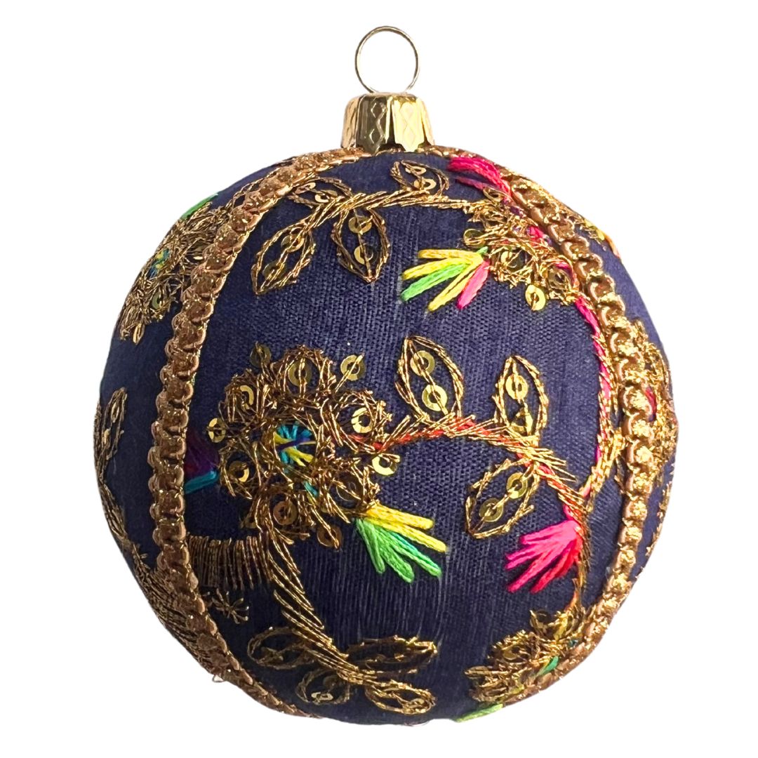 Aasha handmade navy blue Christmas bauble with gold floral embroidery and colourful thread accents, eco-friendly festive decoration