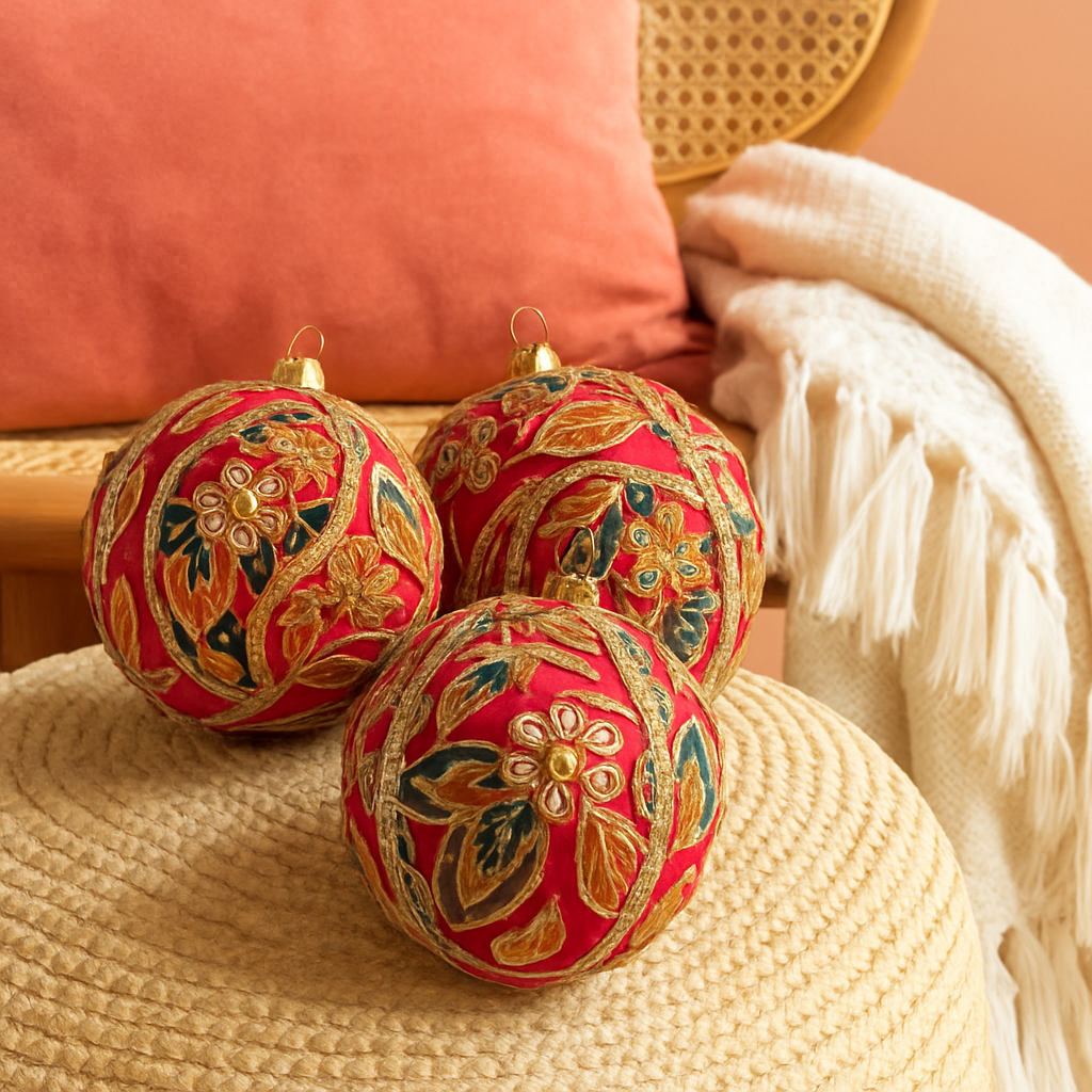 Three Avan Baubles resting naturally on a textured woven ottoman, styled with a cane chair, coral cushion, and fringed throw for a modern boho-luxe feel.