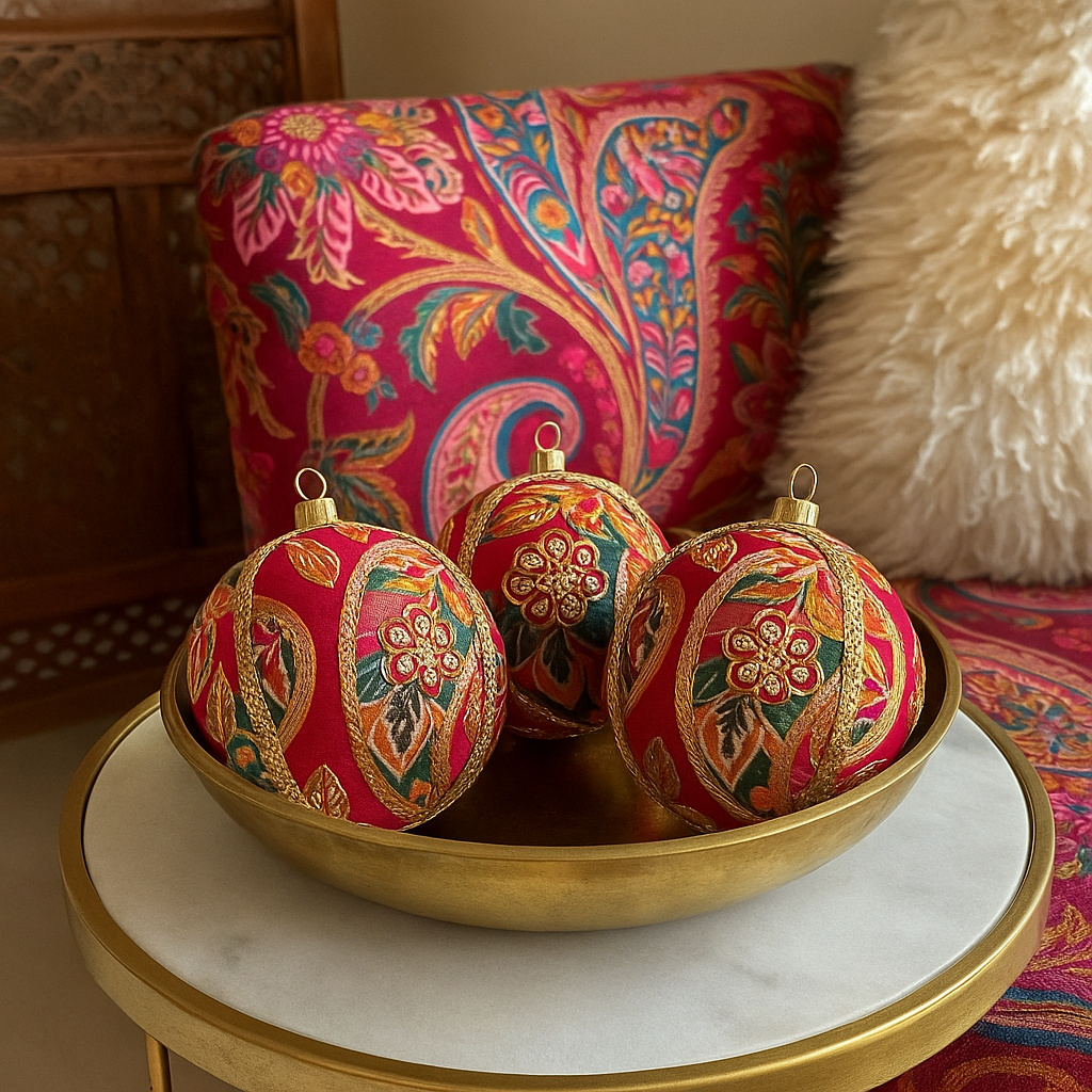 A set of Avan Baubles placed in a brass bowl on a marble table, with vibrant Indian textiles and soft furnishings in the background, creating a luxurious and culturally rich scene.