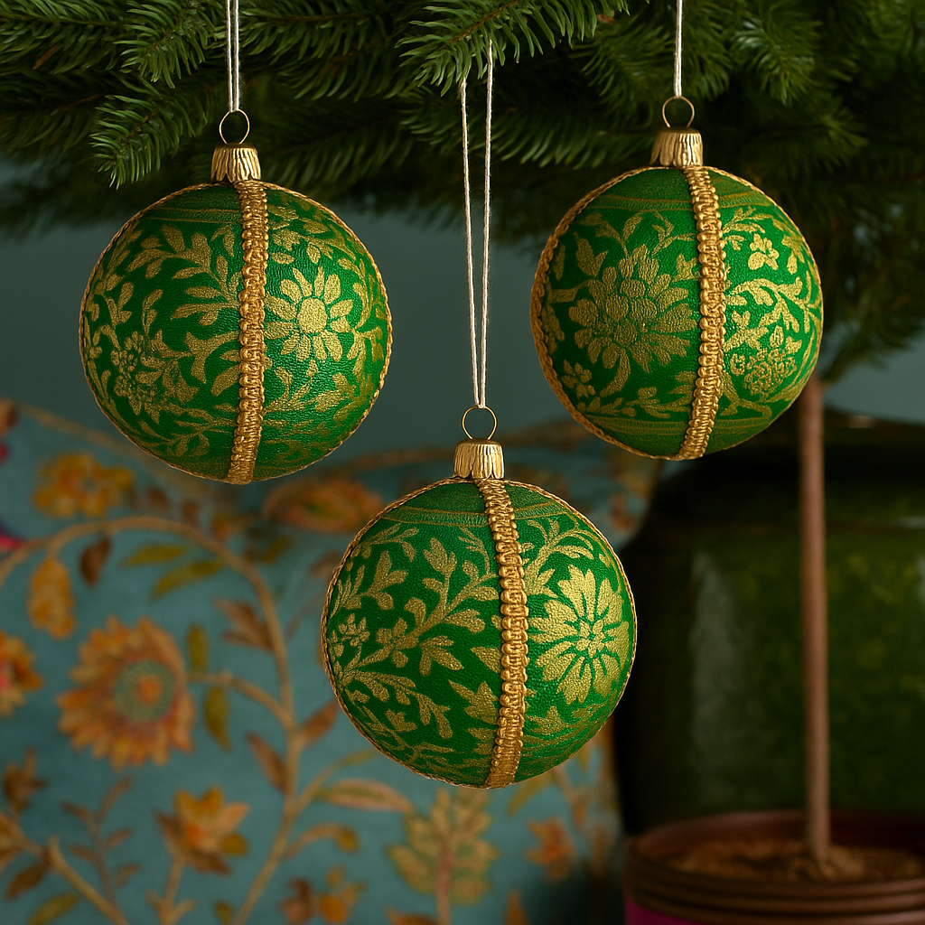 The bhai baubles hanging from a festive tree with a delicate floral fabric pillow in background