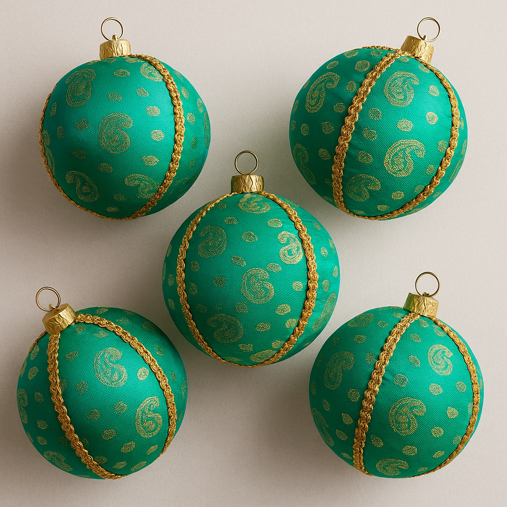 Five green Christmas ornaments with gold patterns on a beige background