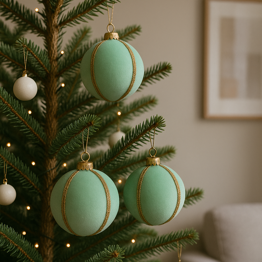 Mint velvet baubles with gold trim hanging on a minimalist Christmas tree with warm fairy lights, styled in a neutral modern living room. Computer-generated image.
