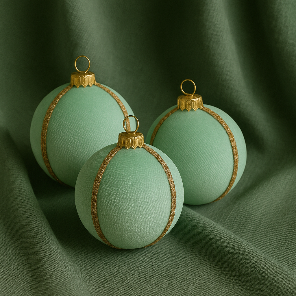 Three mint velvet baubles with gold trim resting on rich green draped fabric, creating a luxurious and minimal presentation.