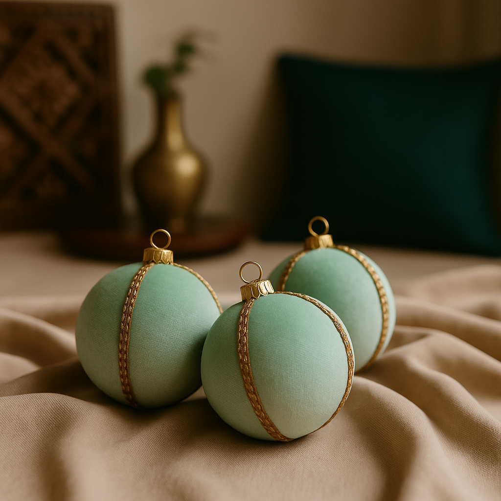 Mint velvet baubles with gold detailing displayed on soft beige fabric, with subtle Indian-inspired home accents in the background, including a brass vase and carved wood decor.