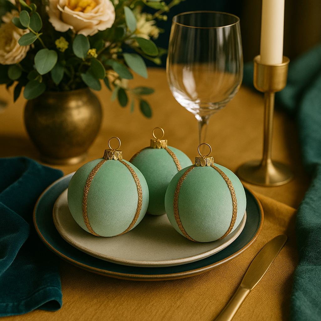 Three mint velvet baubles with gold trim styled as part of a luxurious table setting with gold cutlery, layered plates, a wine glass, and a floral centrepiece.