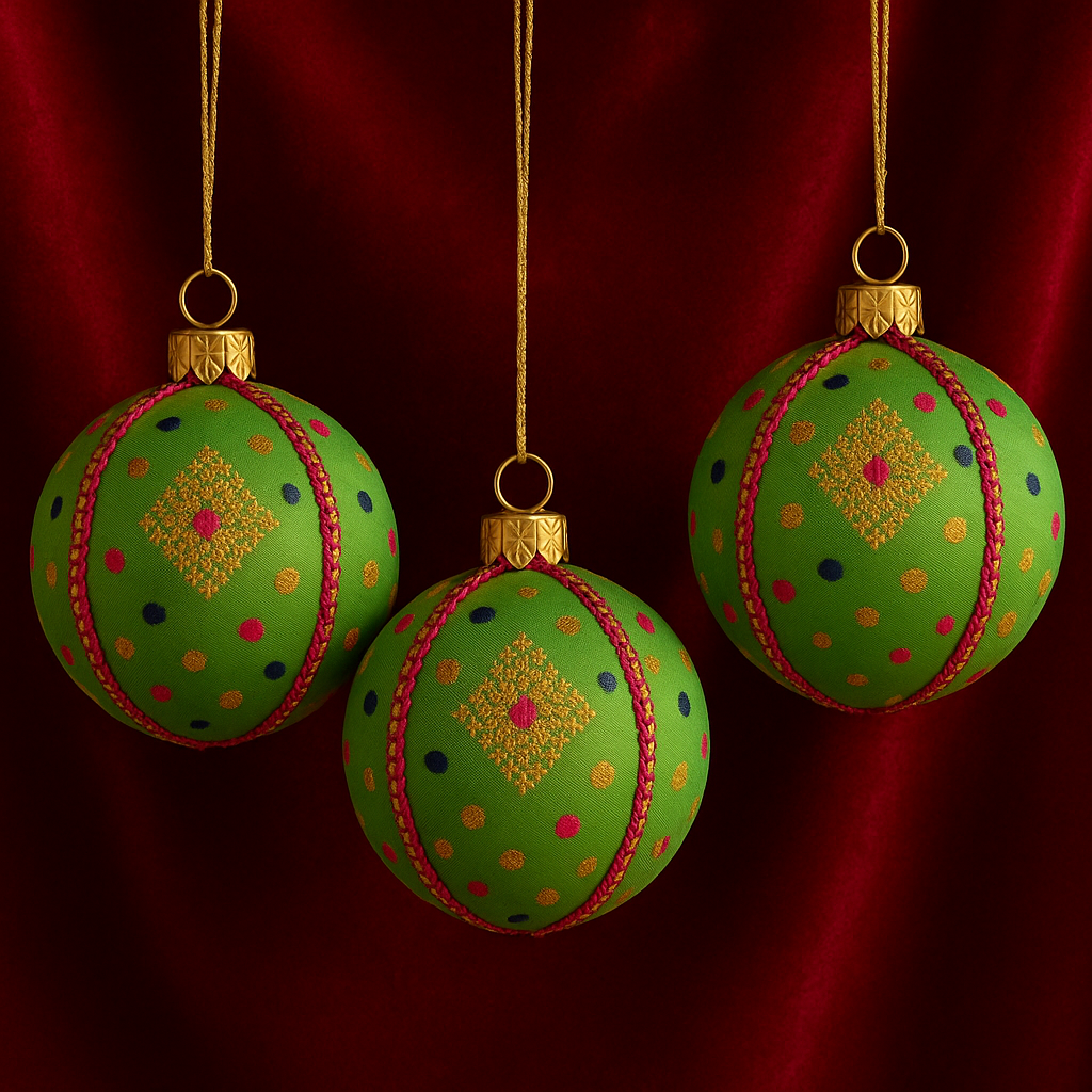 Jaya Baubles hanging naturally against deep red velvet fabric, showcasing their bold embroidery and fun, luxurious style.