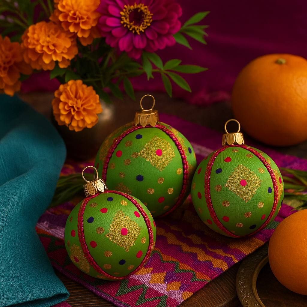 Three Jaya Baubles styled on a colourful textile table with bold flowers, fruits, and layered fabrics for a vibrant, boho-luxe look.