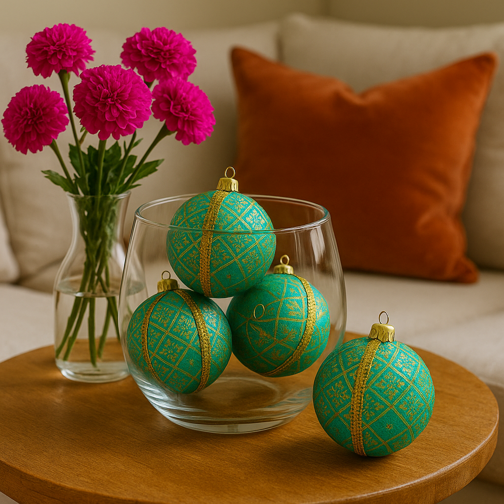 Lakshmanji Baubles displayed in a clear glass bowl on a wooden table, styled with hot pink flowers and an orange velvet cushion for a vibrant, modern touch.