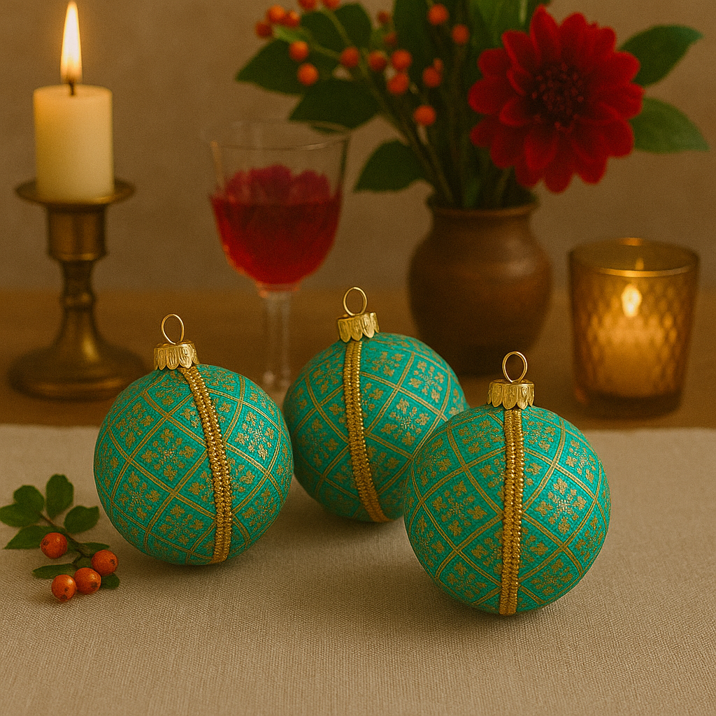 Three Lakshmanji Baubles nestled in festive greenery on a beige tablecloth, surrounded by golden candles and a glass of wine for a warm, celebratory feel.