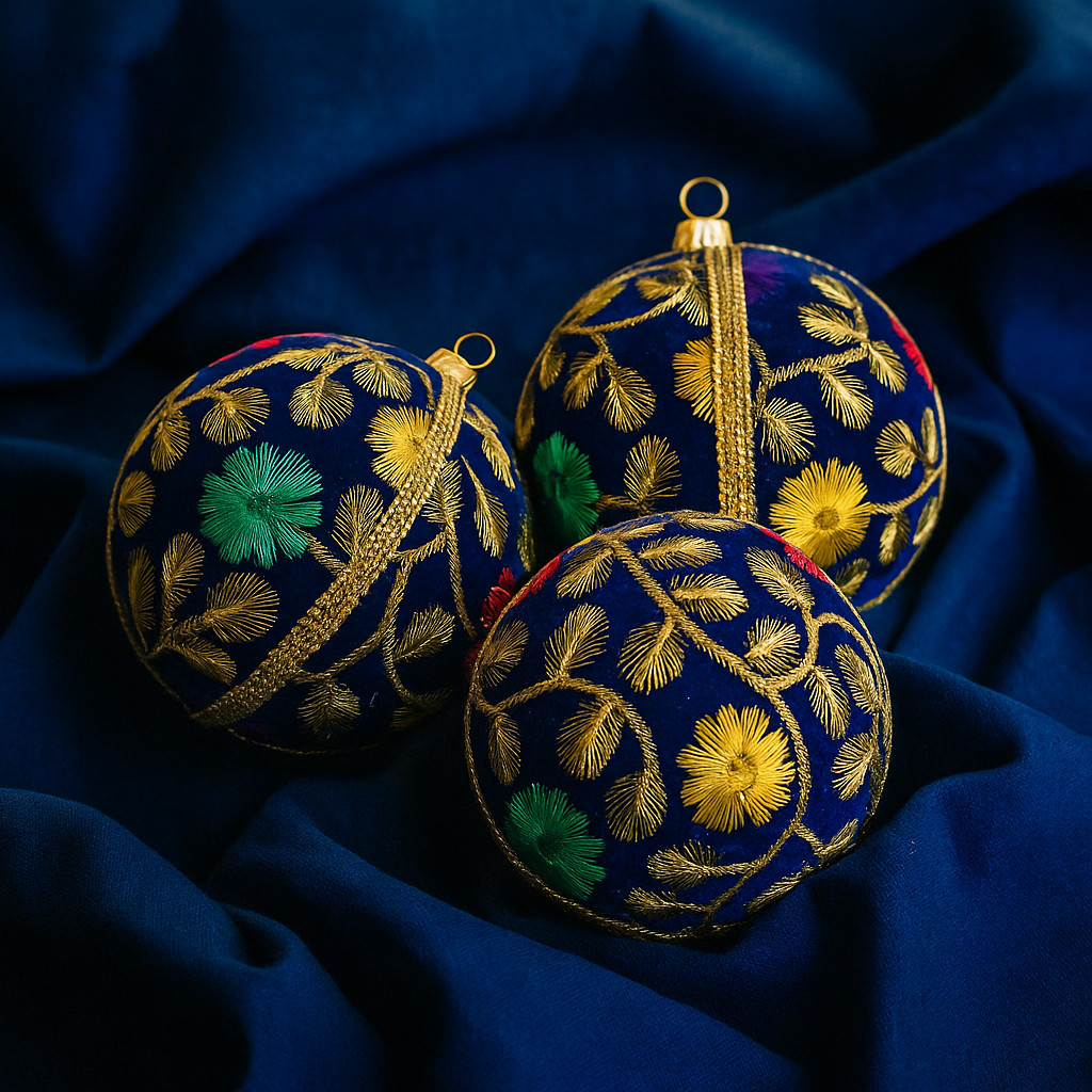 Three Mahir Baubles resting on a backdrop of deep pink velvet, showcasing rich navy blue velvet embroidered with gold vines and multicoloured florals.