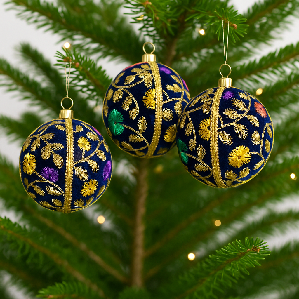 Mahir Baubles hanging naturally from green fir branches, with gold floral embroidery and colourful flower details glowing in soft daylight.