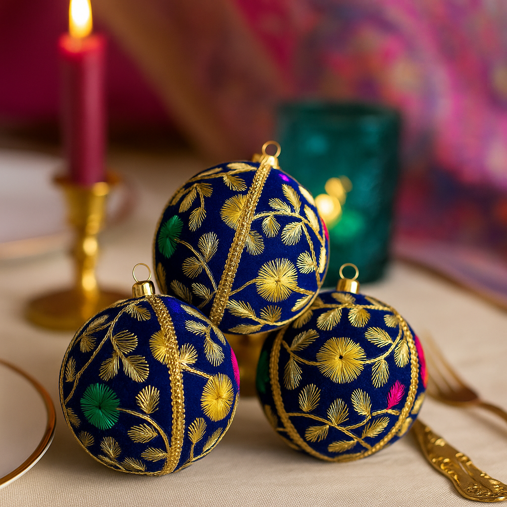 Mahir Baubles styled freely as part of a luxurious table setting with gold cutlery, deep blue glassware, and jewel-toned florals on a teal base.