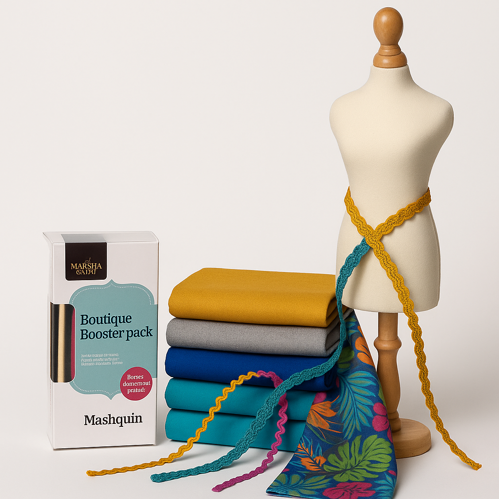 Tropical Twilight Boutique Booster Pack for Mashquin with folded sustainable fabrics and trims in vibrant tropical tones.