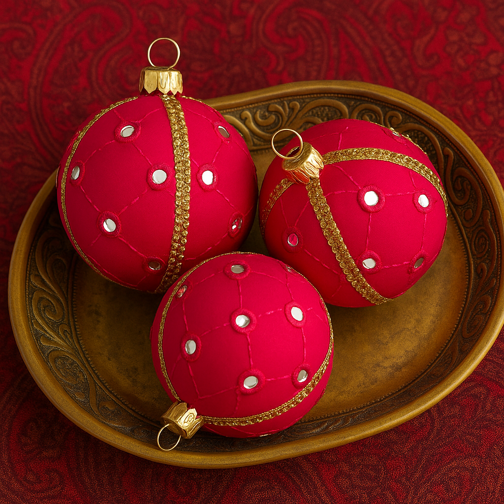 Trio of 8cm Salina Baubles laid in a decorative brass tray on a traditional red paisley fabric, styled with a subtle Indian influence.