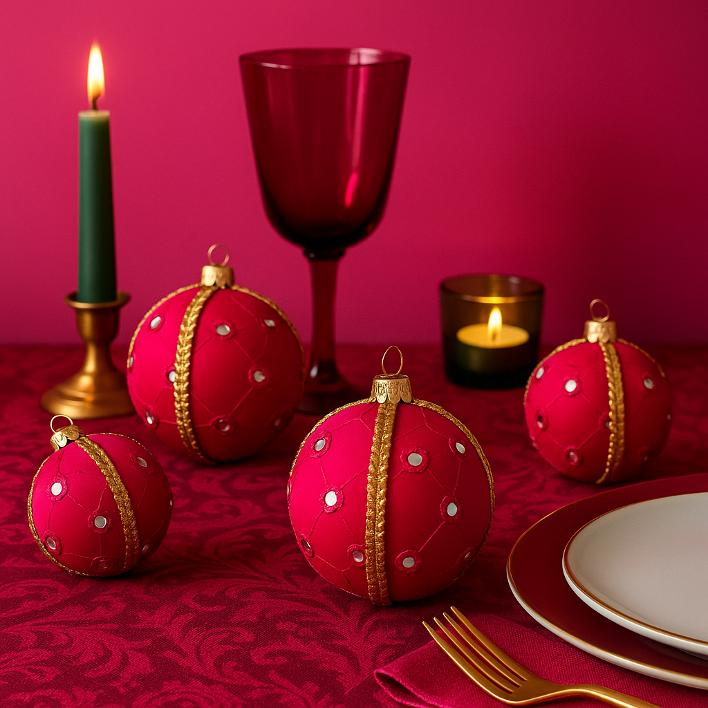 Salina Baubles styled as part of a luxury tablescape with dark florals, gold details and pink accents, designed for vibrant festive entertaining.