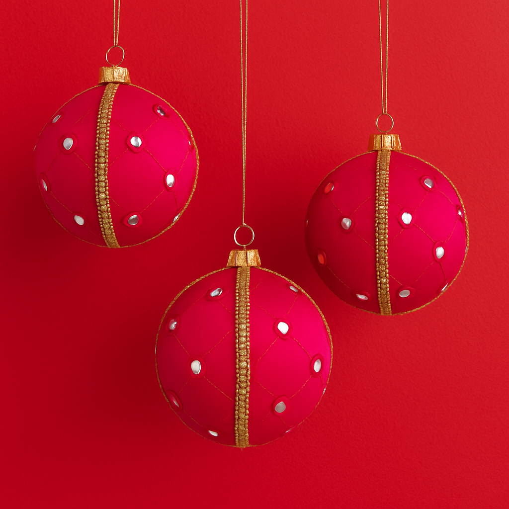 Three 8cm Salina Baubles in bright pink with mirror embellishments, hanging against a rich red wall for a striking modern festive statement.