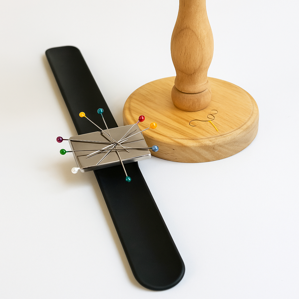 Magnetic snap band pin holder resting near the base of a Mashquin mannequin, with colourful pins secured on the stainless steel pad.