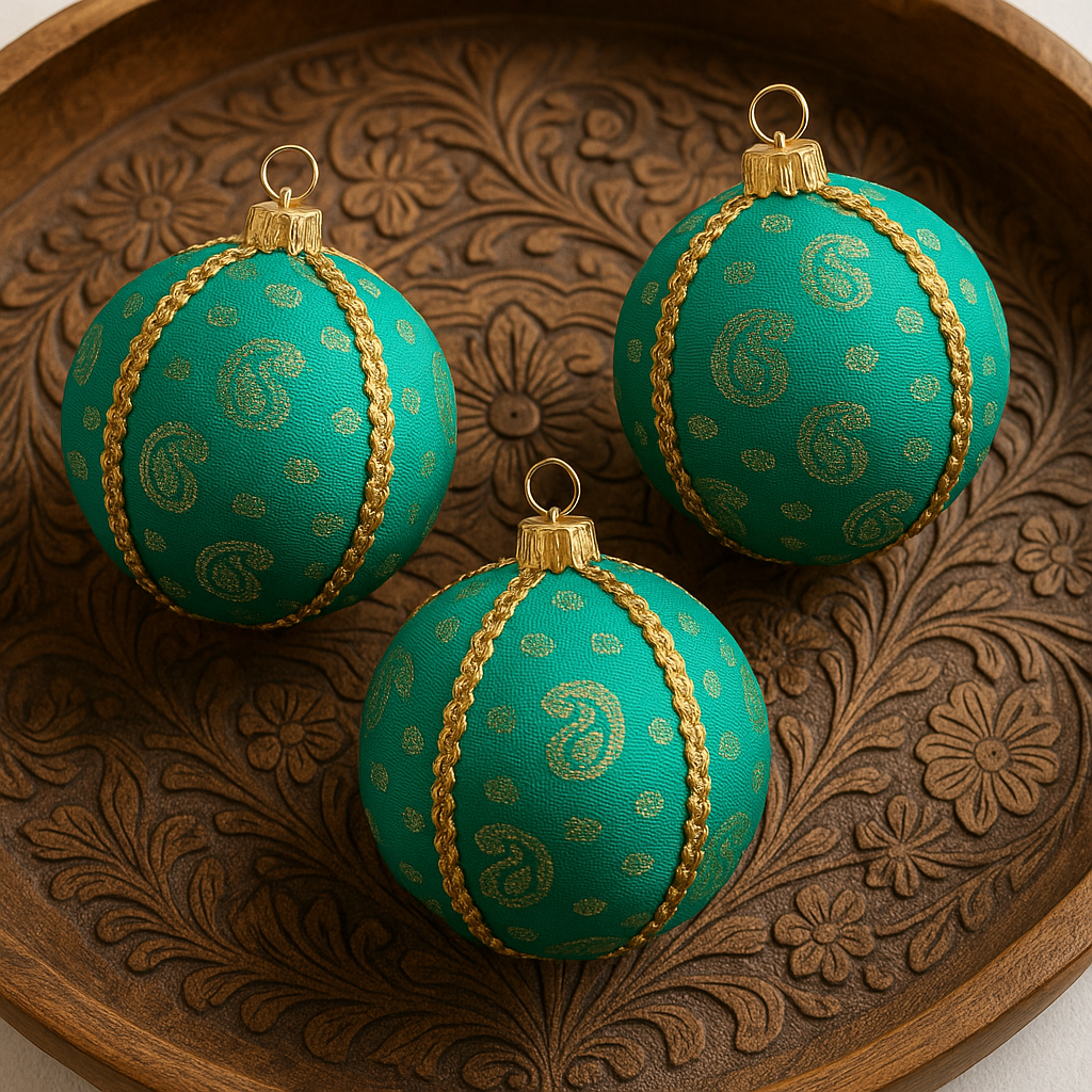 Three teal Christmas ornaments with gold patterns on a wooden surface
