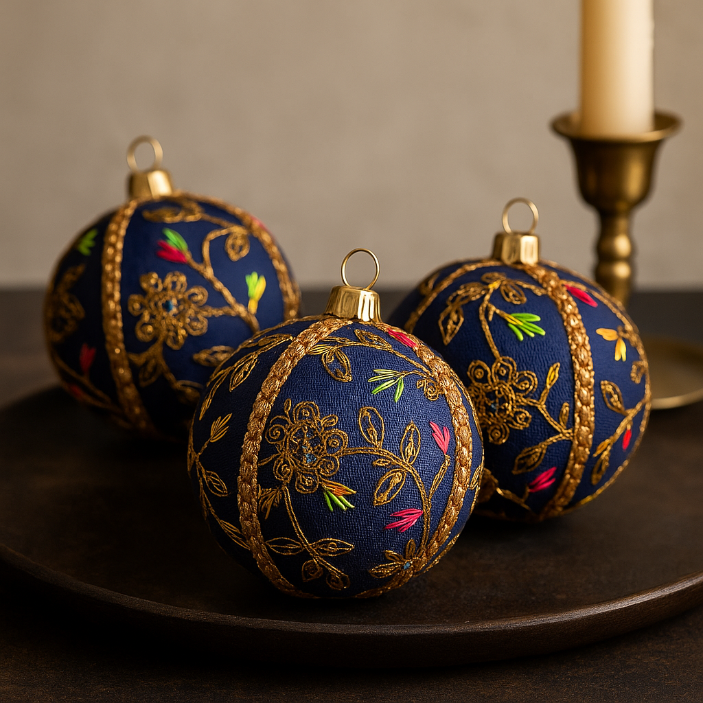 Three blue embroidered ornaments with gold detailing on a dark plate.