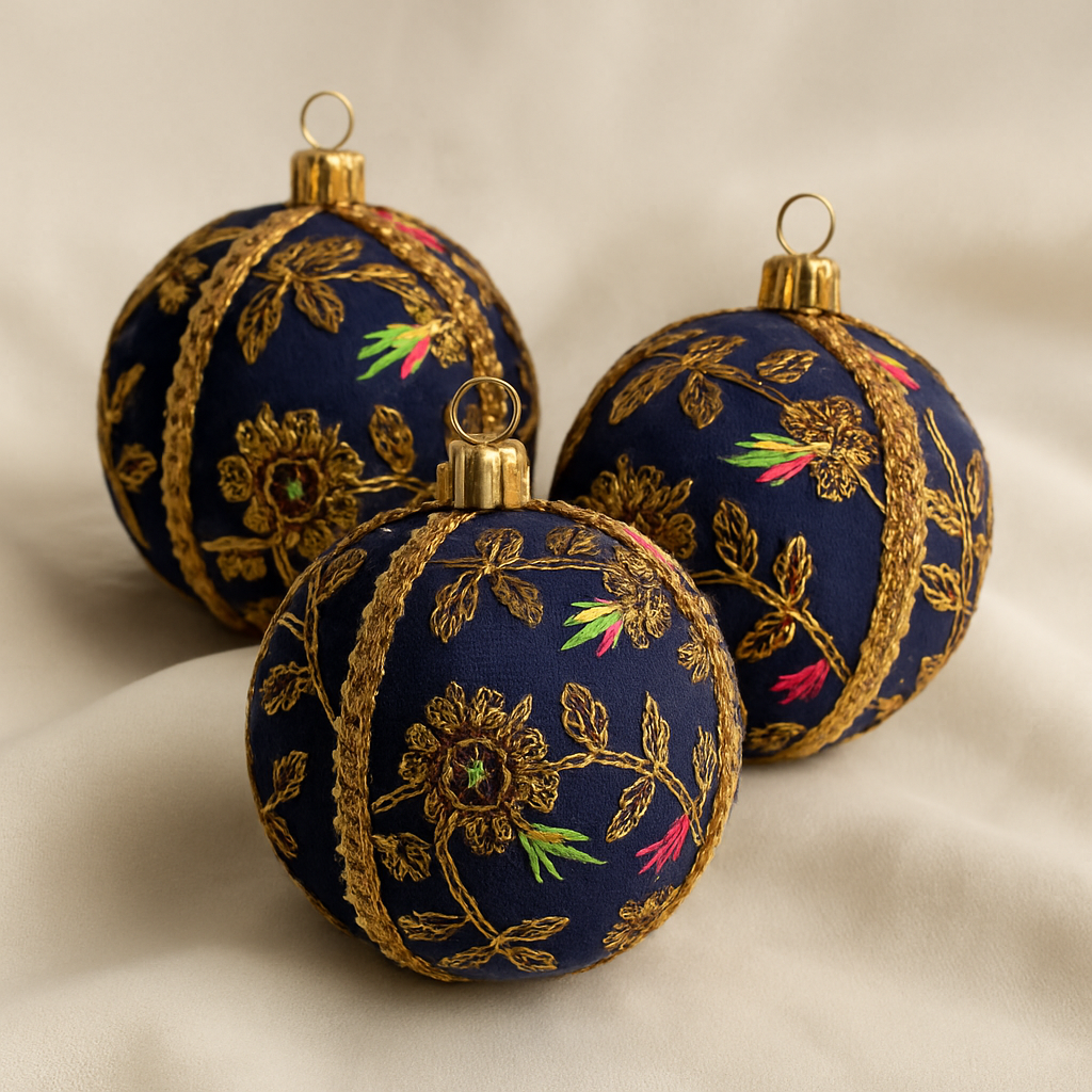 Three navy blue ornaments with gold floral patterns on a beige background