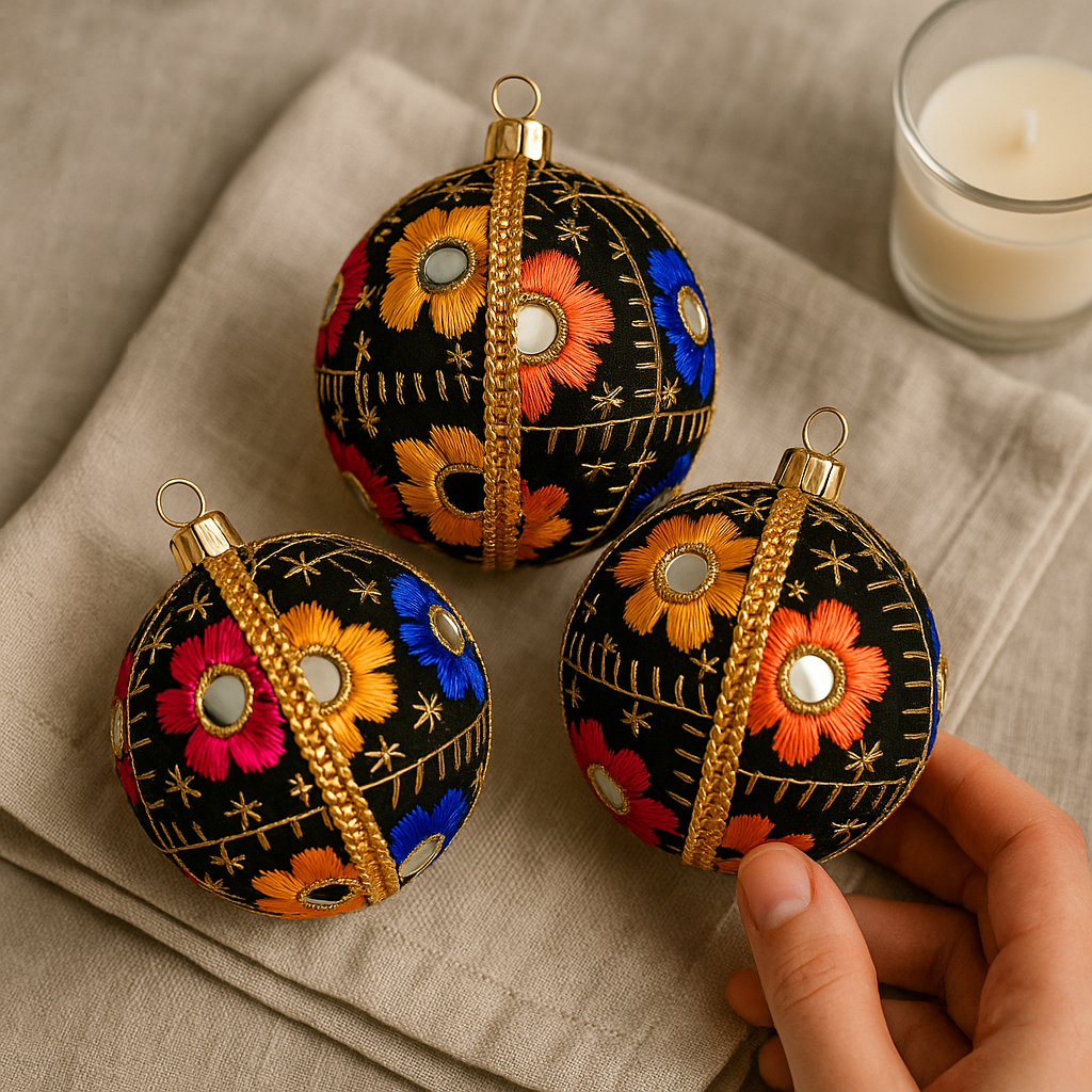 Three embroidered spherical ornaments with floral patterns on a beige surface.