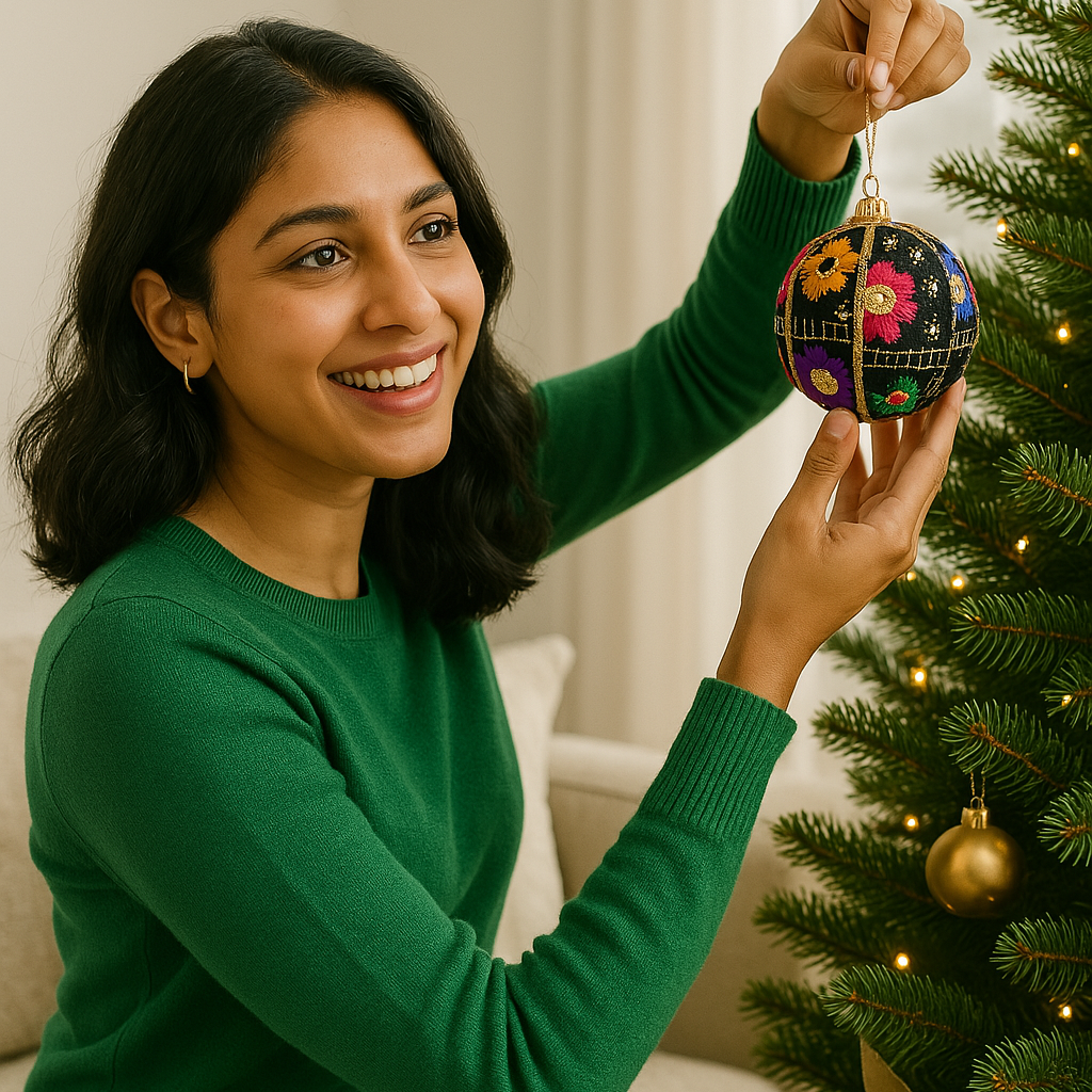 Smiling woman decorating Christmas tree with Vimal handmade black bauble featuring vibrant floral embroidery, sustainable festive ornament.