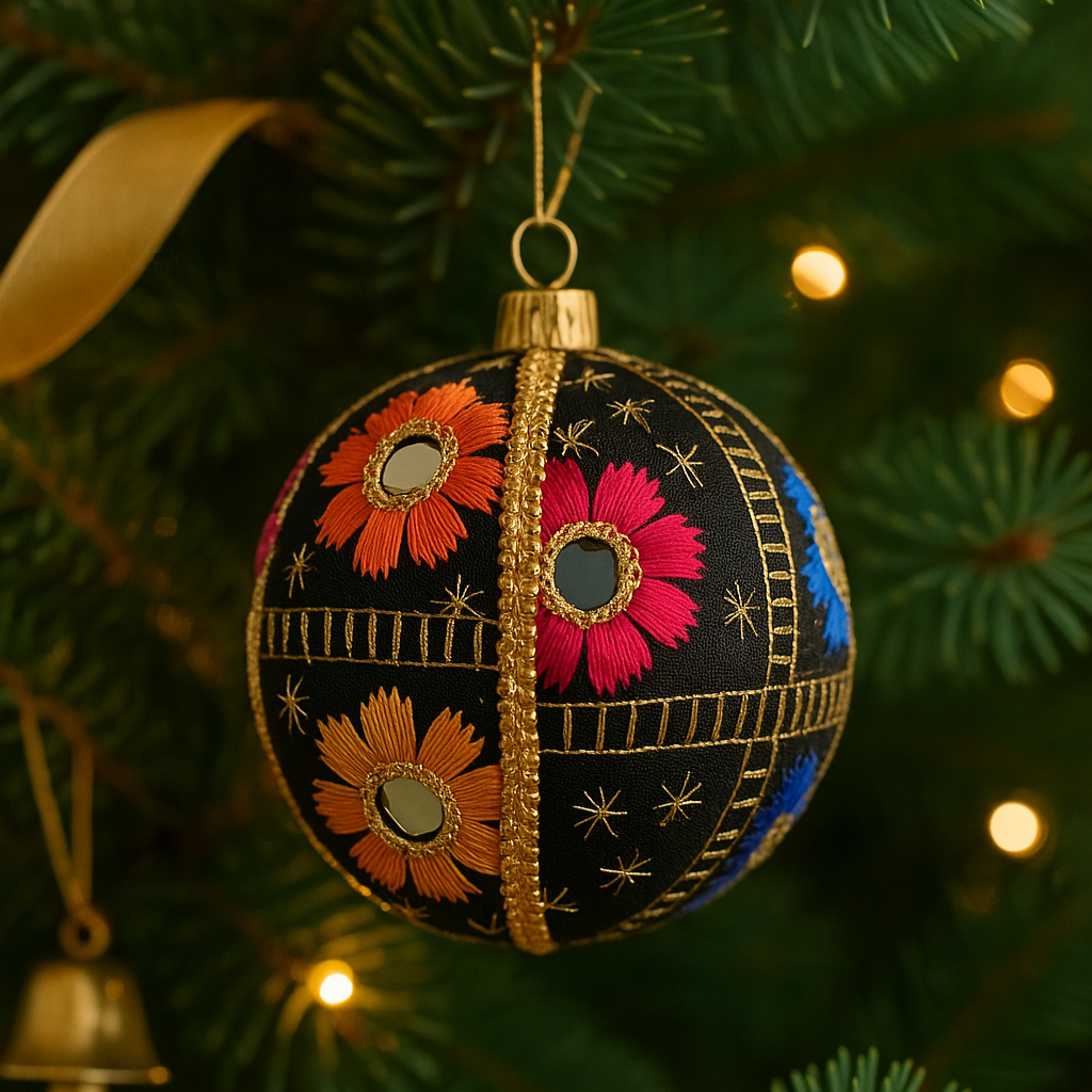 Vimal handmade black floral bauble hanging on Christmas tree, eco-friendly festive ornament with vibrant embroidery and sustainable design.