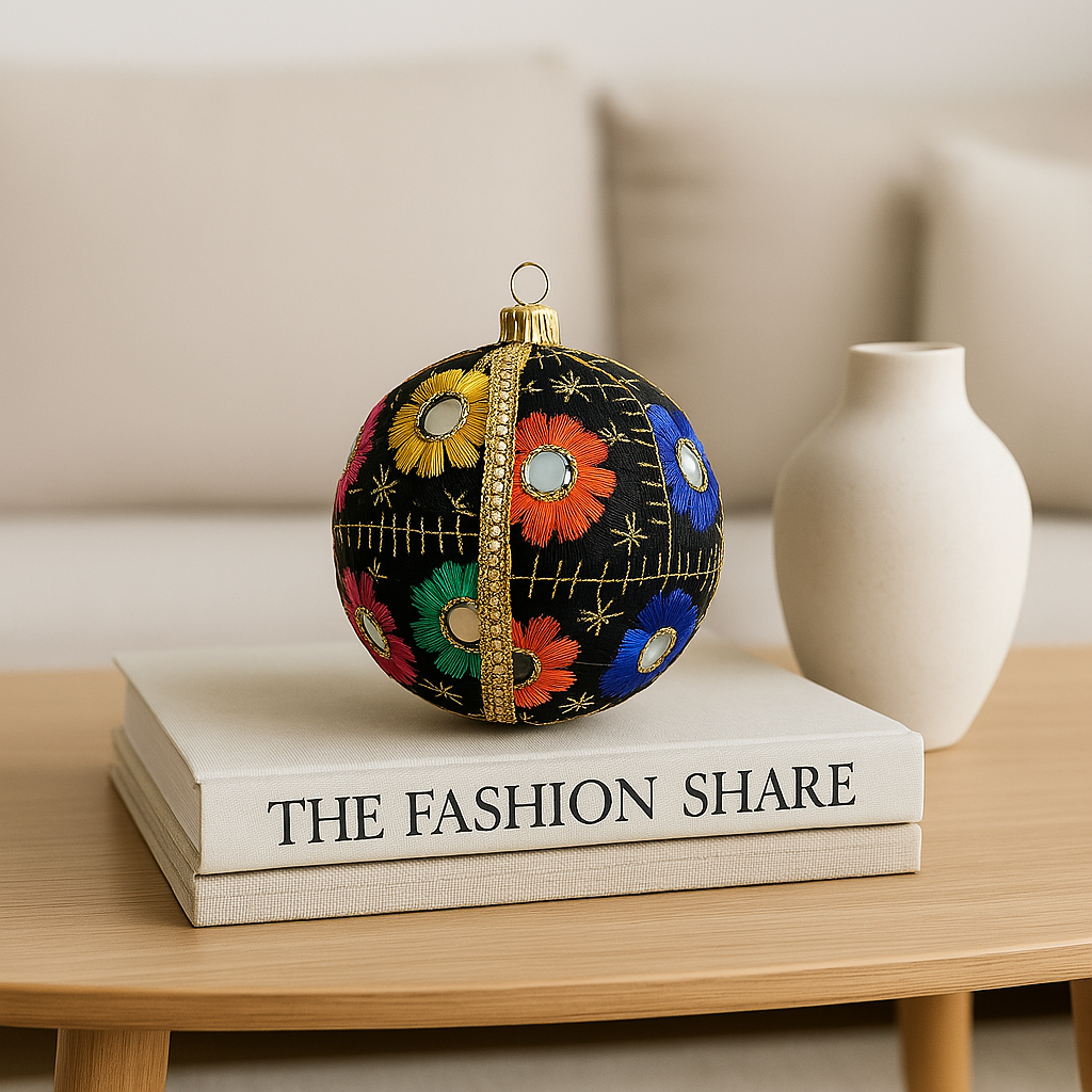 Vimal sustainable black floral bauble displayed in modern home, luxury embroidered eco-friendly decor for gifting and stylish interiors.