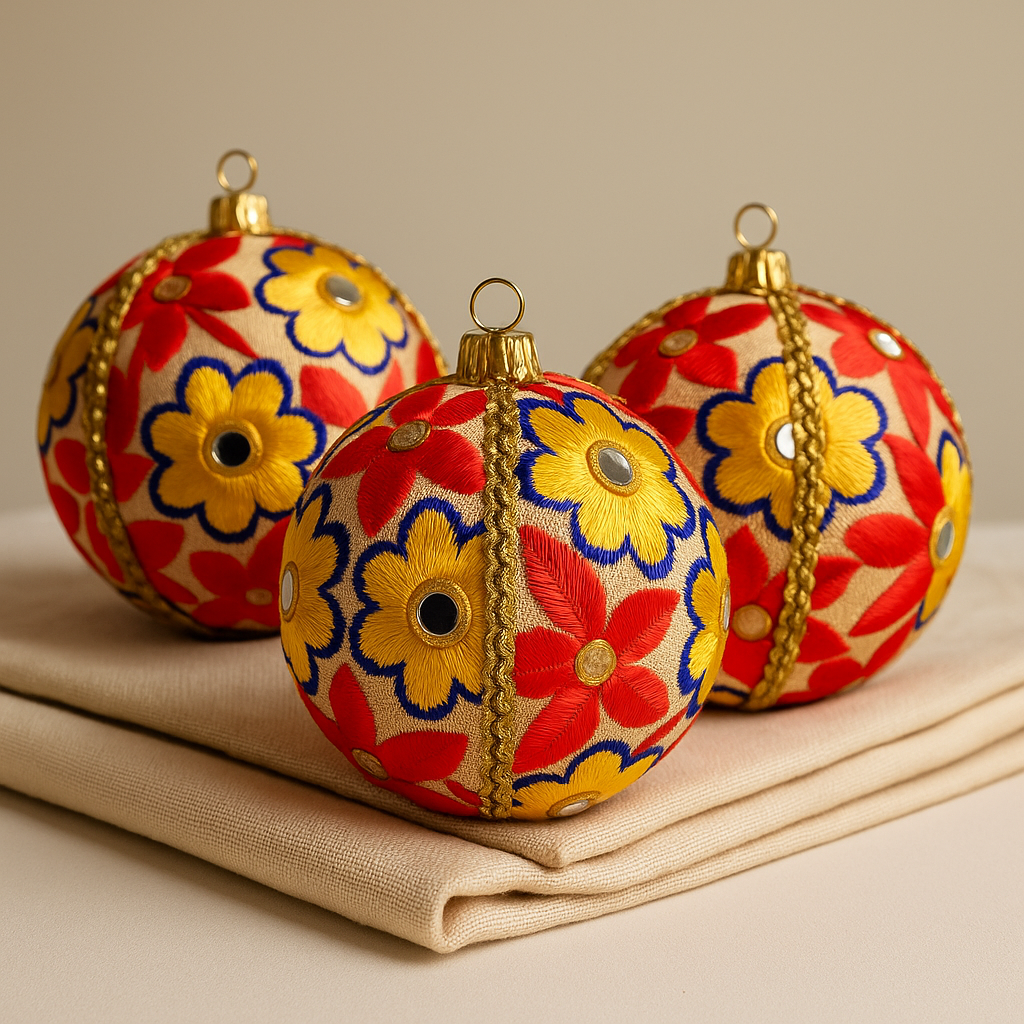 Three advik decorative Christmas ornaments with floral patterns on a beige surface.