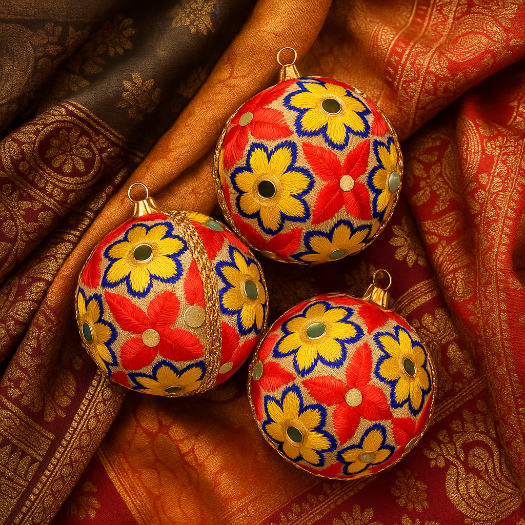 Decorative advik fabric balls with floral patterns on a textured fabric background