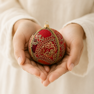 Aarna fabric bauble held in hand, highlighting the scale and sustainable, reclaimed-textile craftsmanship of this 10cm bauble.