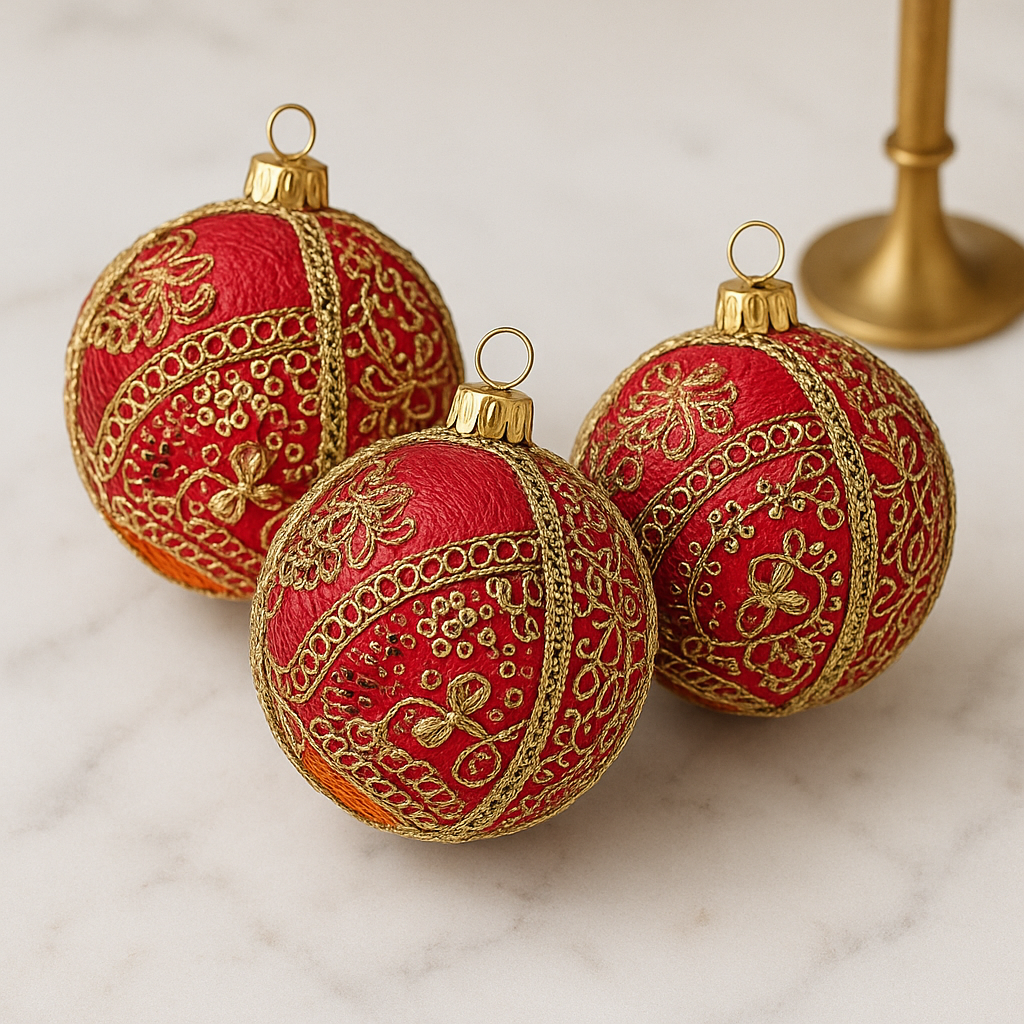 Three red Christmas ornaments with gold intricate patterns on a marble surface.