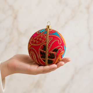 Aditi fabric bauble held in hand, highlighting the scale and sustainable, reclaimed-textile craftsmanship of this 10cm bauble.