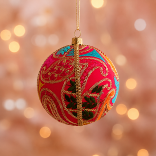 Close-up of the Aditi bauble showing large sweeping gold paisley cordwork with dense magenta satin stitch and multicolour panels on hot pink reclaimed fabric.