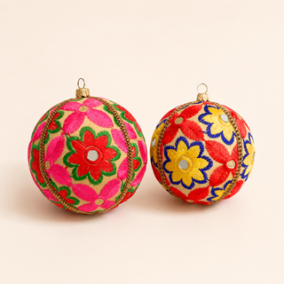 Advik handmade fabric bauble, 10cm, warm cream ground with large-scale hand-embroidered daisy and sunflower motifs with shisha mirror centres.