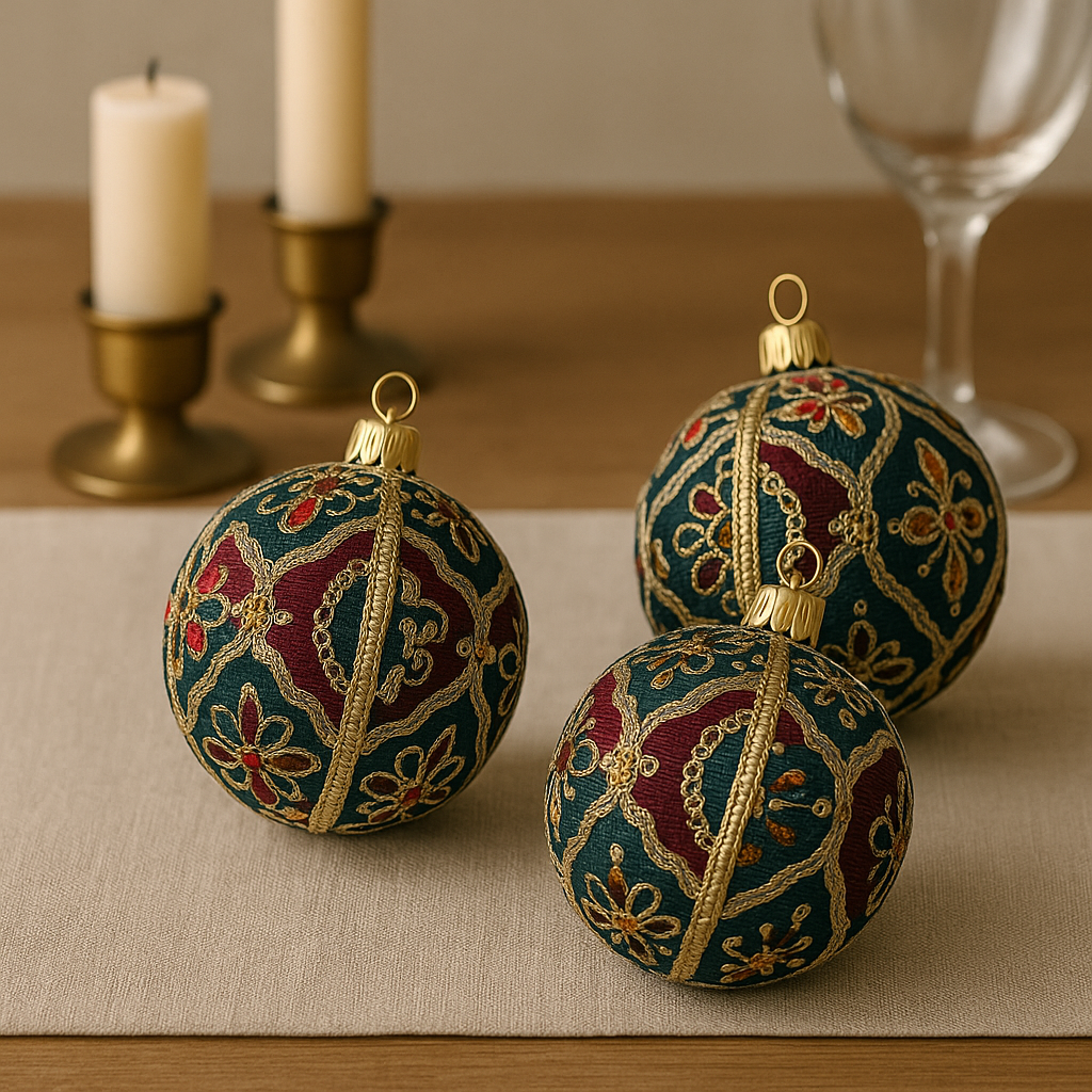 Decorative Christmas balls with intricate patterns on a table with candles and a glass in the background.