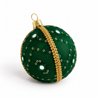 Akansh handmade fabric bauble, 8cm, deep forest green ground with fine gold trellis embroidery scattered with tiny mirrorwork accents.