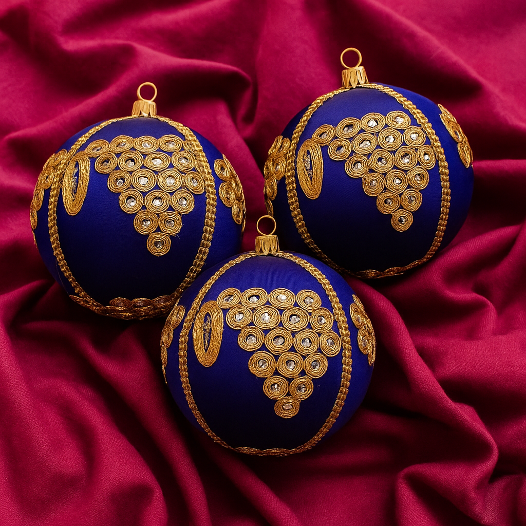 Three 10cm Arjun Baubles resting on magenta fabric, showcasing intricate gold spiral embroidery and mirrorwork on royal blue velvet for a rich, luxurious look.
