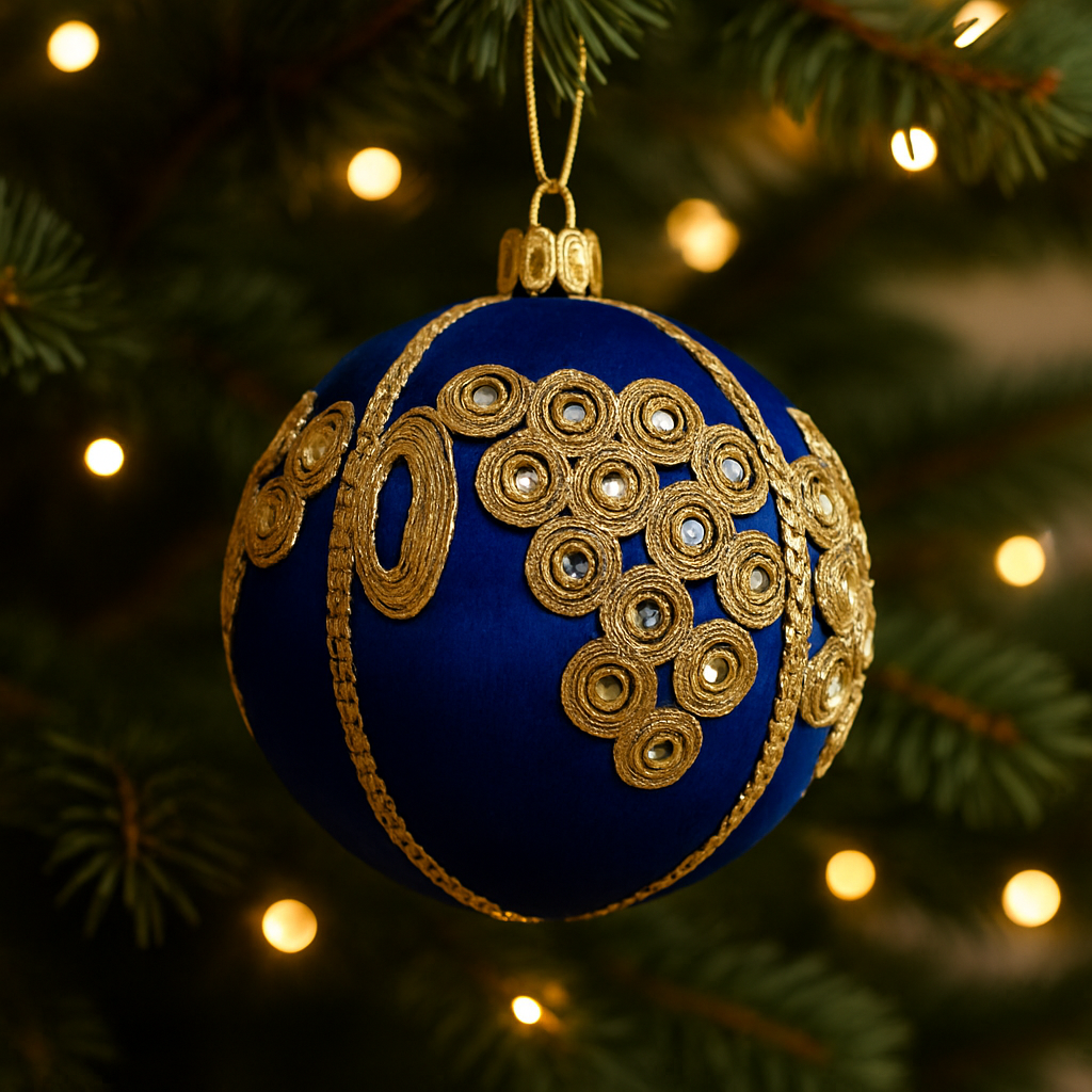 The Arjun Bauble hanging from a fir branch, set against a softly lit Christmas tree with glowing golden lights. The rich royal blue bauble is adorned with intricate golden embroidery and mirrors, catching the light beautifully.