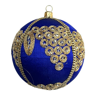 Arjun Bauble – 10cm royal blue fabric ornament with gold zari embroidery, mirrorwork, and gold braid, handmade in the UK.