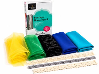 Mashquin Tropical Twilight booster pack box with yellow, green, blue, turquoise and black velvet fabrics and trims
