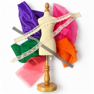 Flat lay of Candy Pop fabrics in violet, hot pink net, green and orange with lace and crochet trims